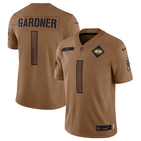 Men's New York Jets #1 Sauce Gardner 2023 Brown Salute To Service Limited Football Stitched Jersey Dyin